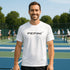 Man wearing a white t-shirt with 'PEPINI' logo on a tennis court